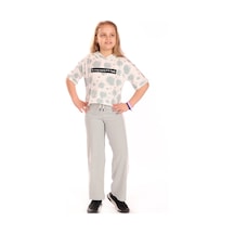 Toontoy Kids Toontoy Kız Çocuk 2'li Takım Baskılı Kısa Kollu Kapüşonlu Sweatshirt & Beli Lastikli Yanı Bantlı Bol Paça Eşofman Altı - 30/1 Penye Gri