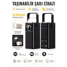 20.000mah Taşınabilir Şarj Cihazı Powerbank Fenerli E Modlu Dijital Göstergeli Micro Usb Type-c Şarj Kablolu Taşıma Kollu Kısa Devre Korumalı siyah