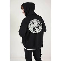 Altamira Unisex Siyah Sırt Baskılı Ince Mevsimlik Kapşonlu Oversize Hırka 001