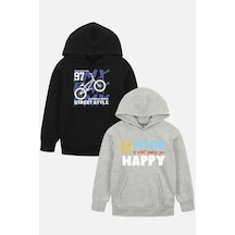 2'li Street Style-do More Baskılı Erkek Çocuk Kanguru Cepli Kapüşonlu Siyah-gri Sweatshirt Siyah - Gri3