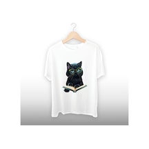 Gözlüklü Kedi Çizim Detaylı Unisex Tişört Beyaz
