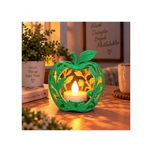 Elma Figürlü Dekoratif Mumluk Yaprak Desenli Tealight Mumluk, Dekoratif Led Mum Hediyeli - Yeşil Açık