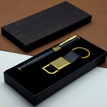 Hediyelik Siyah Kalem Ve Gold Deri Anahtarlık Kutulu Set Tg-v 11726