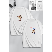 Unisex Kadın Erkek Tazmanya Canavarı Baskılı Sevgili Çift Kombini Tasarım Oversize Tshirt 2'li Beyaz Mck0106 Beyaz