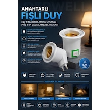Anahtarlı Fişli Duy E27 Standart Ampul Uyumlu Priz Tipi Gece Lambası Aparatı Doğrudan Priza Takılan Açma Kapama Düğmeli Portatif Pratik Duvar Aydınlatma Adaptörü, Beyaz Renk Ekonomik Plastik
