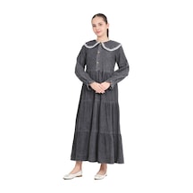 Kız Çocuk Geniş Yakalı Ve Yaka Uçları Dantel Detaylı Uzun Jean Elbise 12468 Siyah