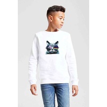 Kedi Cat Phone Müzik Baskılı Unisex Çocuk Beyaz Sweatshirt Beyaz