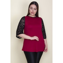 Şans Kadın Bordo Kolları Flok Tül Detaylı Viskon Bluz 65n25580-nar Narçiçeği