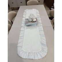 % 100 Pamuk Ham Keten Fisto Fırfırlı Oval Runner Beyaz 45x140