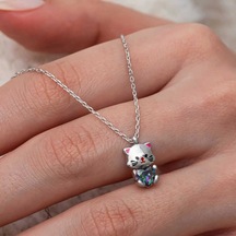 Gümüş Mistik Topaz Taşlı Sevimli Kedi Kolye Gümüş