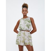 Koton Paraşüt Crop Bluz Kolsuz Batik Desenli Yuvarlak Yaka Yeşil Desenli 3sal60227ıw Yeşil Desenli
