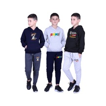 3'lü Erkek Çocuk Kapüşonlu Baskı Detaylı Eşofman Takımı Lacivert Füme Gri Lacivert Siyah Gri