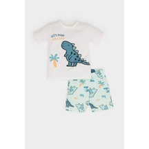 DeFacto Erkek Bebek Waffle 2'li Takım Dinazor Baskılı Kısa Kollu Tişört Beli Lastikli Şort E8375A525SMER105