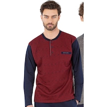 6059 Erkek Uzun Kollu Önden Üç Düğmeli Pijama Takım-bordo Bordo