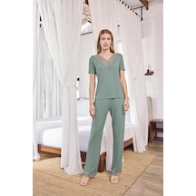 Monamise Kadın Dantelli Kısa Kollu V Yaka Pijama Takımı 25106 YESIL