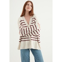 Cizgili Oversize Ekru Hırka 23aj0050 Ekru