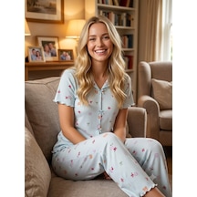 Kadın Kısa Kollu Yumuşak Tuşe Yazlık Likralı Kaşkorse Kumaş Pijama Takım Mint Yeşil