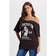 Tudors Kadın Oversize Geniş Kesim %100 Pamuk Zincir Detaylı Baskılı Kahverengi Tişört-50808