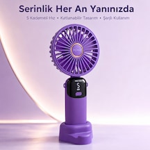 Mkio Şarjlı El Vantilatörü 5 Kademeli, Katlanabilir Dijital Ekranlı Mini El Fanı, 1200 Mah, 5 Pervaneli Güçlü Hava Akışı, Standlı Masaüstü Fan, Usb Şarjlı - Mor Renk