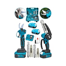 Dragro DRG-128 Mavi 2 Li Set 128 Vf 10 Ah Çift Akülü Çelik Şanzıman Şarjlı Dal Ağaç Kesme Bağ Makası 2 Akülü Mavi