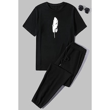 Uyguntarz Unisex Tüy Baskılı 2'li Eşofman Takımı Siyah