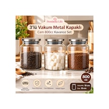 3 Lü Metal Vakum Kapaklı Cam 800 Cc Çay Şeker Kahve Bakliyat Erzak Saklama Kavanoz Seti Baharatlık Takımı Gri Gri