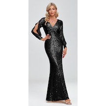 Hanife Glam Couture Hanife Glam Uzun Kollu Kruvaze Yaka Pullu Abiye Elbise Siyah