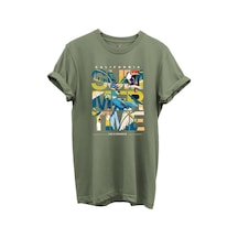 California Summertime Ve Tropikal Papağan Ve Palmiye Desenli %100 Pamuk Regular Fit Unisex T-shirt Haki