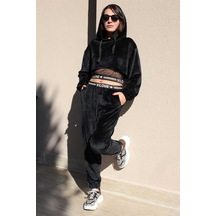 Siyah File Detay Kapşonlu Kadife Eşofman Takım Xl Siyah