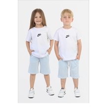 Unisex Çocuk Beyaz Logo Baskılı Tişört Ve Yeşil Çizgili Şort Yazlık İkili Takım Yeşil Mavi Boncukk Srttkmn001