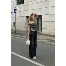 Kadın Yüksek Bel Wide Leg Jean Pantolon Antrasit