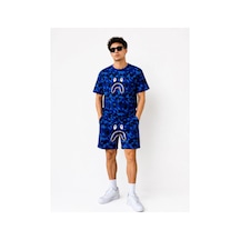 Butik İstanbul Erkek Oversize Kalıp Pubg Bape X Shark Nakışlı Cepli Şort Takım - Mavi