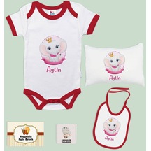 Bk Kids Kişiye Özel İsimli 5 Parça Kırmızı Bebek Body Zıbın Yastık Hediye Seti, Yeni Doğan Bebek Giyim Hediyesi-4