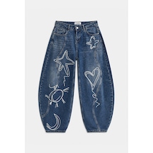 Kadın 2w6-5 Baggy Balloon Nakış Özel Tasarım Denim Jean Mavi