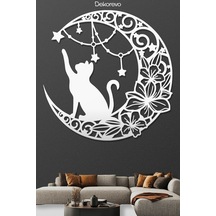Floral Hilal Ve Kedi Silüeti Dekoratif Metal Tablo - Metal Duvar Sanatı - Beyaz - 75 X 75 Cm