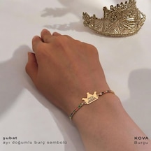 Şubat Ayı Doğumlarına 14 Ayar Altın Plakalı Renkli Taş Desenli Taç Motifli Hediye Bileklik-489ay Şubat