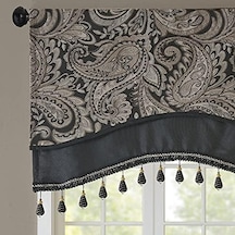 İpek Şal Desenli, Rustik Cepli Perde Gizlilik Astarlı Oturma Odası, Mutfak, Yatak Odası Ve Yurt Odası İçin, 127 Cm X 45 Cm, Siyah Boncuk Süsleme 50 x 22