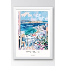 Yunanistan Mykonos Temalı Çerçeveli Tablo Travel Serisi Modern İllüstrasyon Ada Duvar Dekoru Beyaz