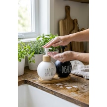 Makri Home 2'li Cam Sıvı Sabunluk Seti Ve Bambu Stant 450 Ml Siyah-beyaz Beyaz - Siyah