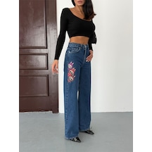 Kadın Nakış Detaylı Wide-leg Jean Kot Pantolon Mavi+koyu