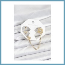 Bezos Kiraz Model Pirinç Gold Renk Zincir Bağlantılı Ear Cuff Küpe Seti Mbt06
