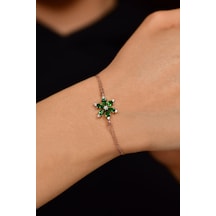 Roza Silver Zümrüt Taşlı Rose Lotus Çiçeği Gümüş Bileklik