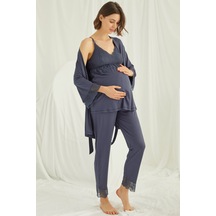 Lohusa Sepeti Lohusasepeti Dantelli Sabahlıklı Askılı Lohusa Pijama Takımı Lacivert - 18432 001