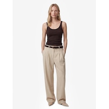 Koton Regular Fit Yüksek Bel Geniş Paça Viskon Pileli Pantolon Haki Çizgili 6sak40350uw