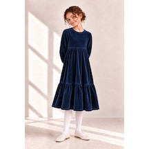 Angel&co. Girls Clothing Kadife Kız Çocuk Midi Elbise Lacivert Lacivert