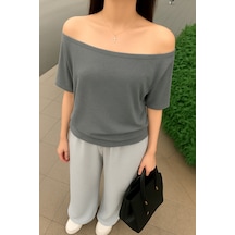 Antrasit Kadın Düşük Omuz Kayık Yaka Oversize T-shirt Antrasit