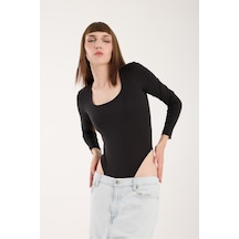 Gugus Kadın Kare Yaka Uzun Kollu Çıtçıtlı/zıbın Body Siyah