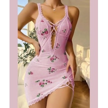 Lily Bianca %100 Pamuk Penye Kalp Çiçek Desenli Derin V Kalp Akse Pembe