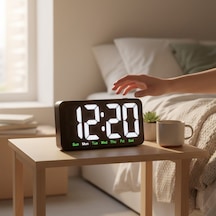 Modern Led Dijital Alarm Saat Büyük Ekranlı, Gün Göstergeli, Şık Masaüstü Saat Beyaz