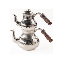 Dmt Gaziantep Bakır Çaydanlık Takımı Ağır El Dövmesi Alt:12 Cm Üst:8,5cm Toplam:1,3lt Ahşap Kulp Gümüş